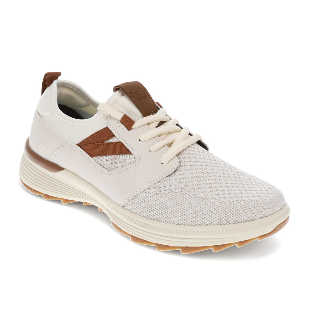 Off White/Tan-Dockers Mens Adan Knit and Synthetic Leather Casual Lace Up Sneaker Shoe