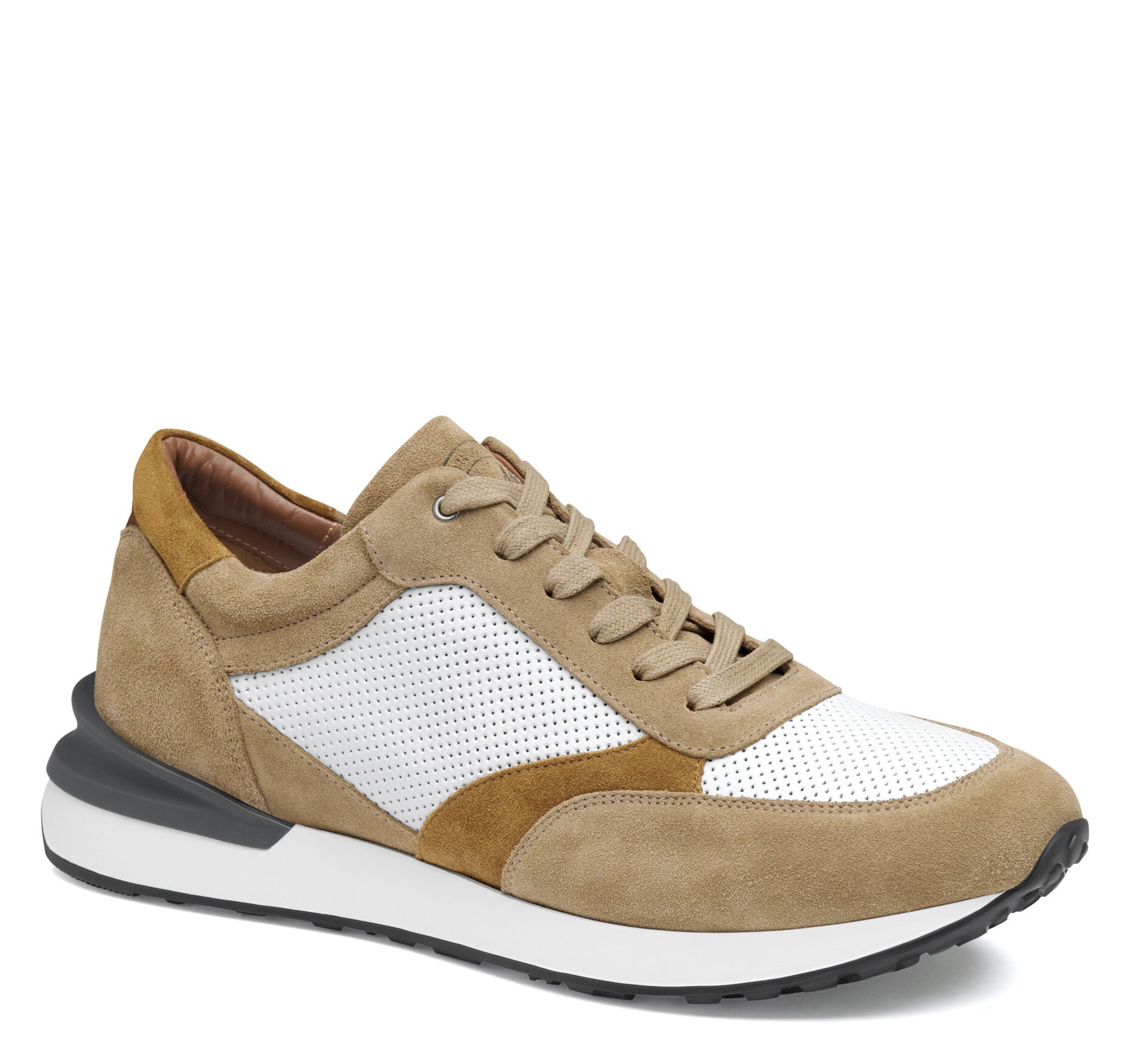 Taupe/Brown/White Italian Suede-Johnston & Murphy Briggs Perfed Lace-Up Casual Sneaker