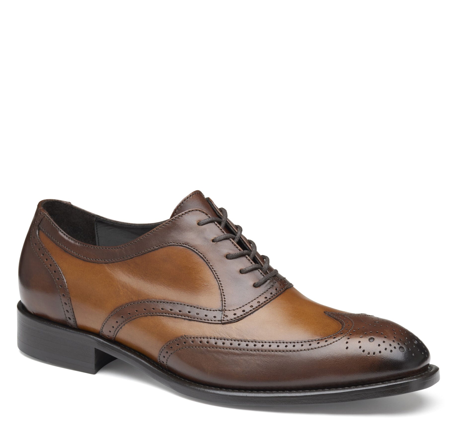 Tan Italian Calfskin-Johnston & Murphy Ellsworth Wingtip Lace-Up Dress Shoe