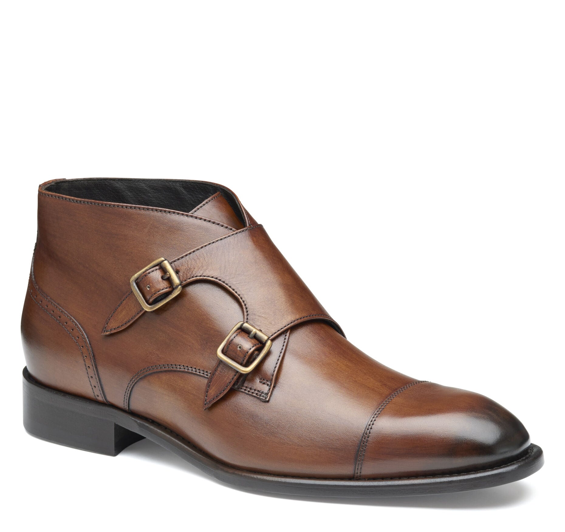 Brown Hand-Stained Calfskin-Johnston & Murphy Ellsworth Double Buckle Boot Slip-On Dress Shoe