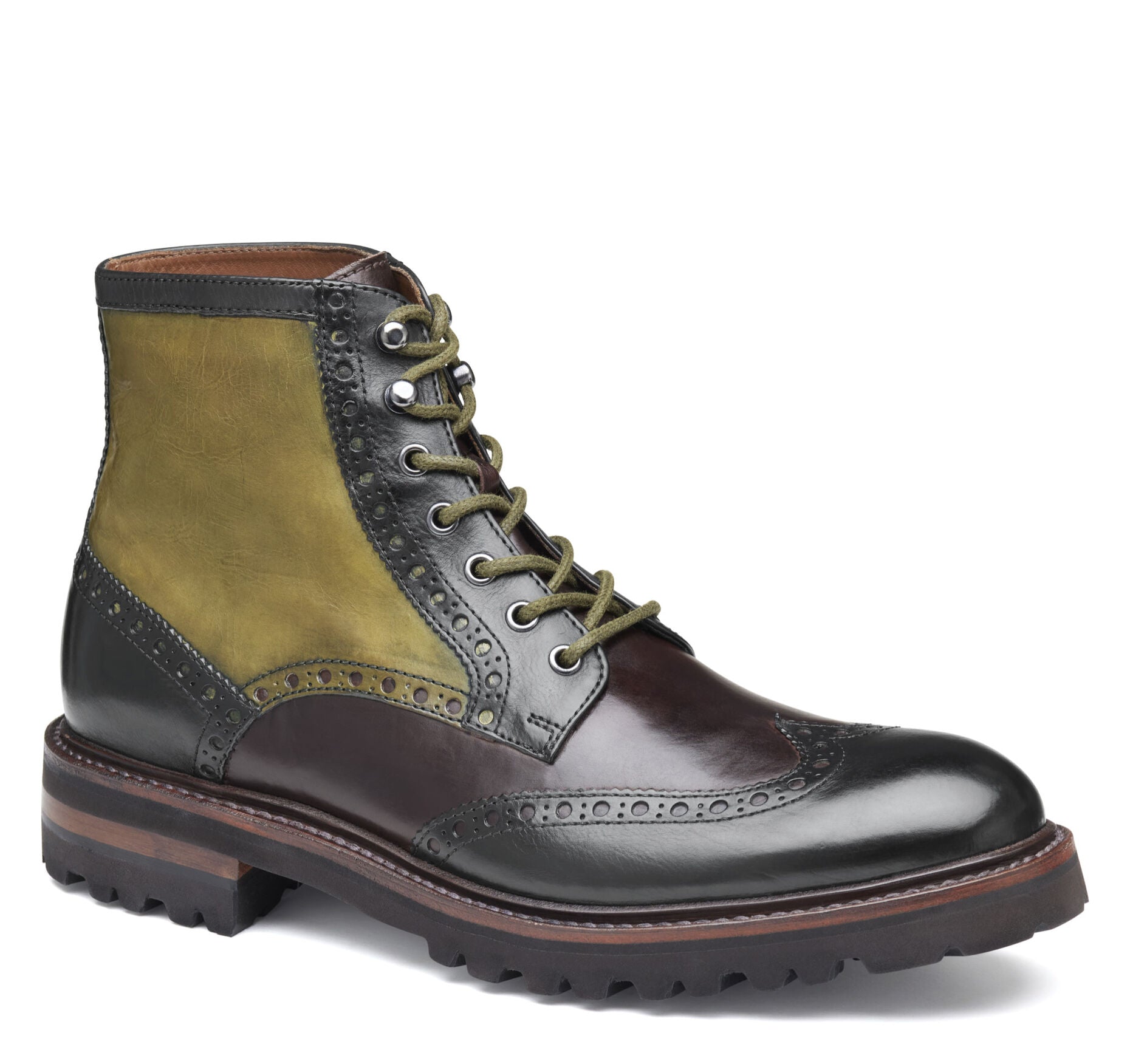 Black Multi Calfskin-Johnston & Murphy Dudley Lug Wingtip Lace-Up Dress Boot