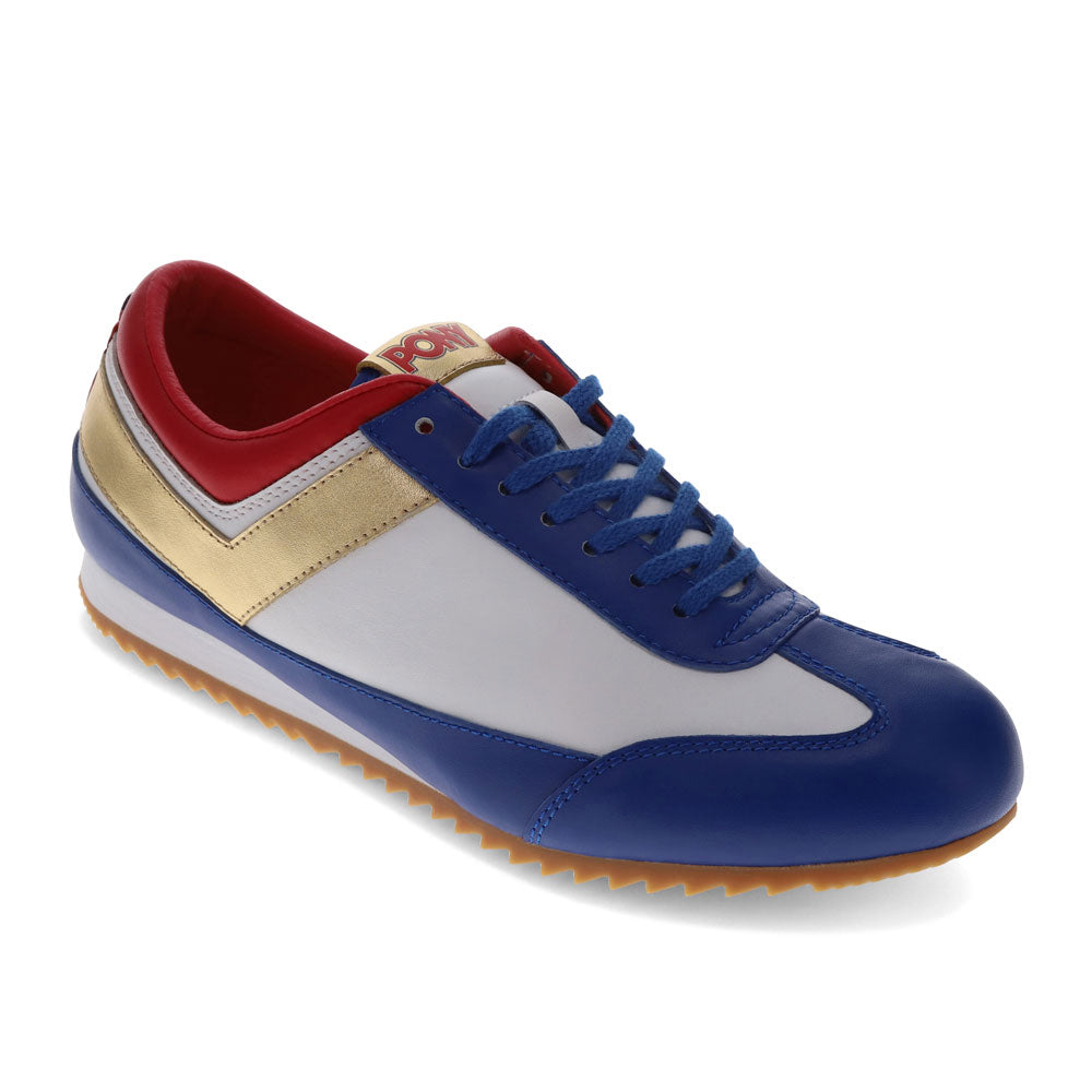 White/Blue/Red-PONY Mens Racer Lux Genuine Leather Premium Lace Up Athletic Sneaker Shoe