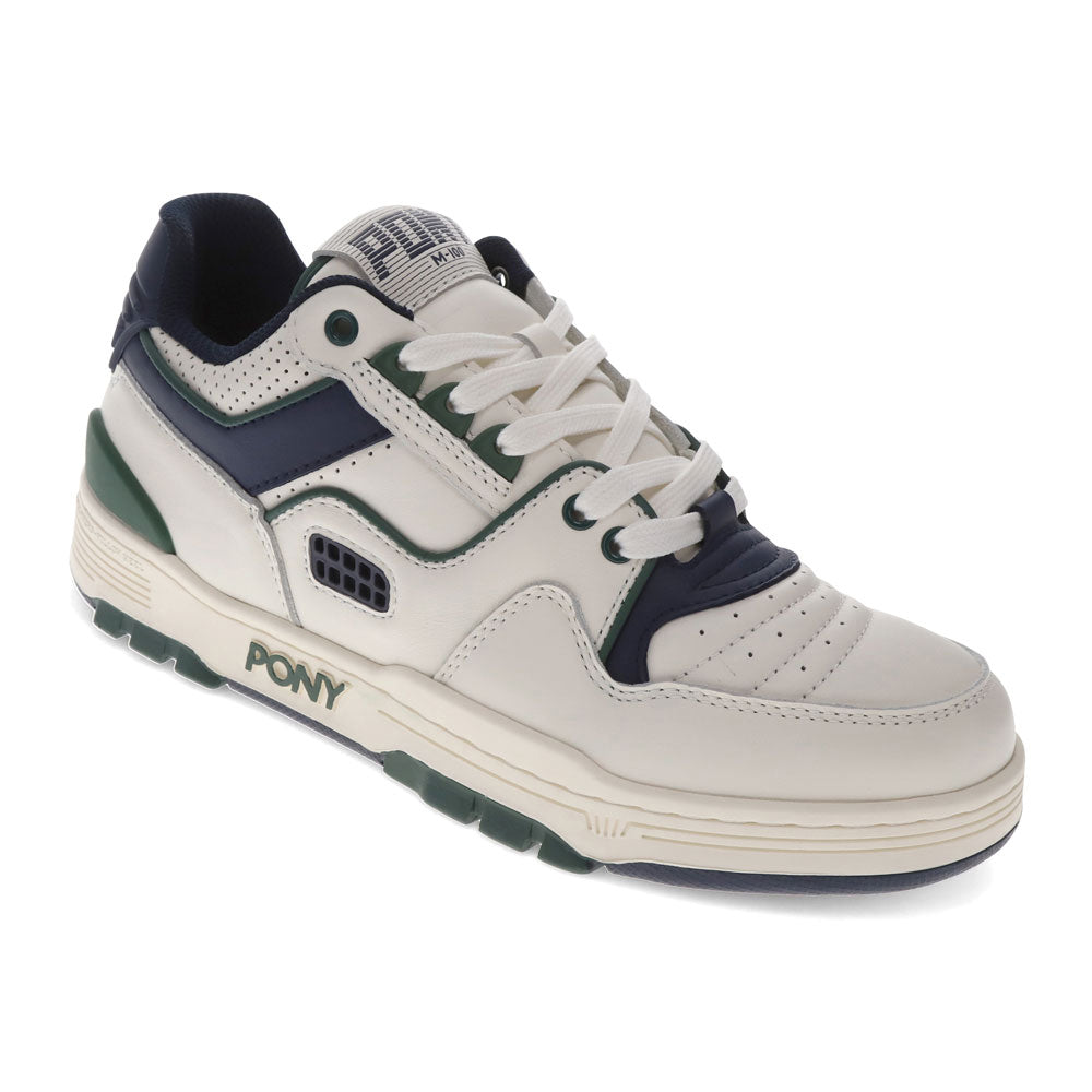 Snow White/Navy/Green-PONY Mens M100 Low Archive Genuine Leather Premium Lace Up Athletic Sneaker Shoe